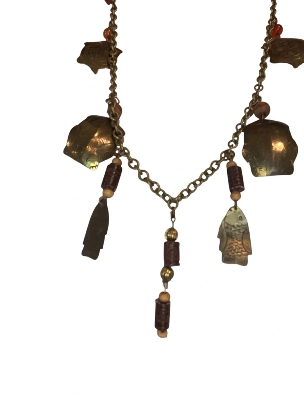 Vintage Boho Brass Pendant Necklace Coral wood Beads cottagecore festival - Picture 4 of 12